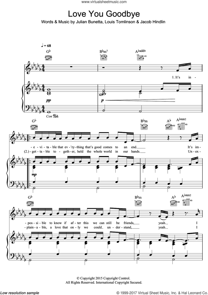 Love You Goodbye sheet music for voice, piano or guitar by One Direction, Jacob Hindlin, Julian Bunetta and Louis Tomlinson, intermediate skill level