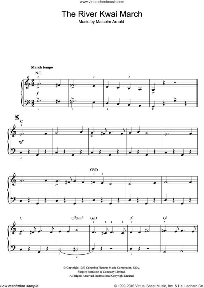 The River Kwai March (from 'The Bridge On The River Kwai') sheet music for voice, piano or guitar by Malcolm Arnold, intermediate skill level