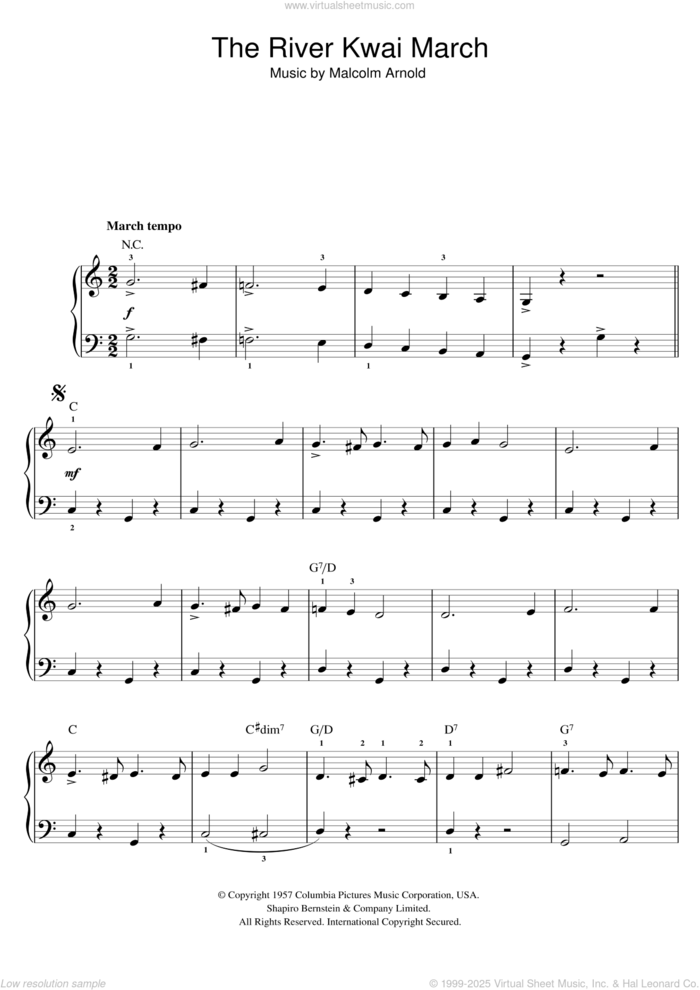 The River Kwai March (from 'The Bridge On The River Kwai') sheet music for voice, piano or guitar by Malcolm Arnold, intermediate skill level