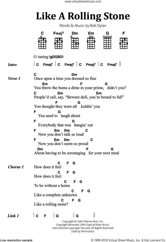 Like A Rolling Stone sheet music for ukulele (chords) by Bob Dylan, intermediate skill level