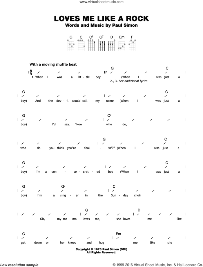 Loves Me Like A Rock sheet music for ukulele (chords) by Paul Simon, intermediate skill level