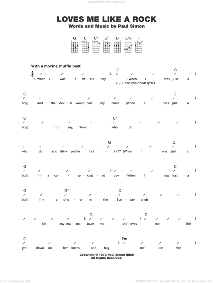 Loves Me Like A Rock sheet music for ukulele (chords) by Paul Simon, intermediate skill level