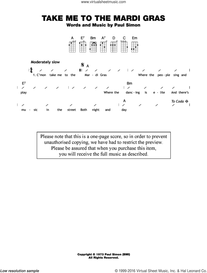 Take Me To The Mardi Gras sheet music for ukulele (chords) by Paul Simon, intermediate skill level