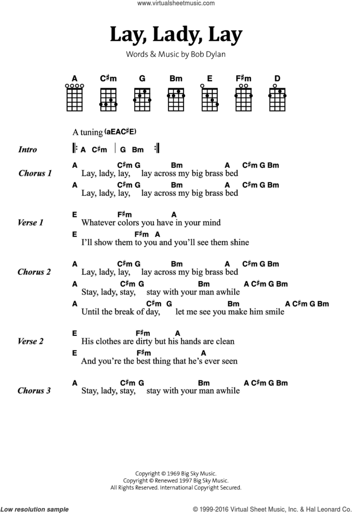 Lay, Lady, Lay sheet music for voice, piano or guitar by Bob Dylan, intermediate skill level