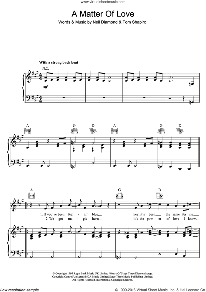 A Matter Of Love sheet music for voice, piano or guitar by Neil Diamond and Tom Shapiro, intermediate skill level