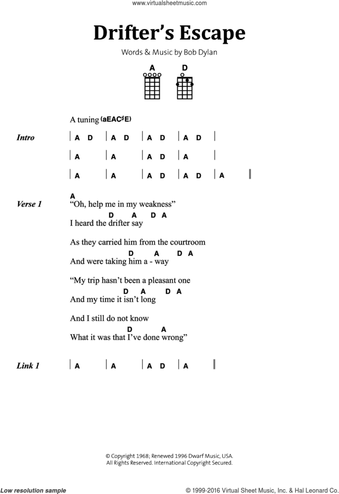 Drifter's Escape sheet music for voice, piano or guitar by Bob Dylan, intermediate skill level