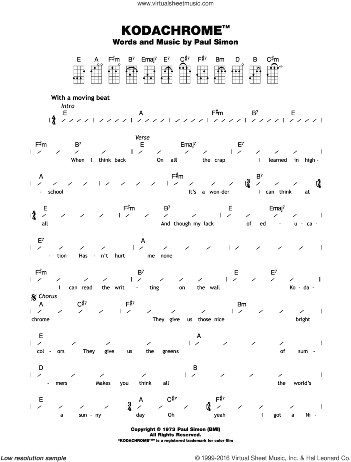 KodachromeTM sheet music for ukulele (chords) by Paul Simon, intermediate skill level
