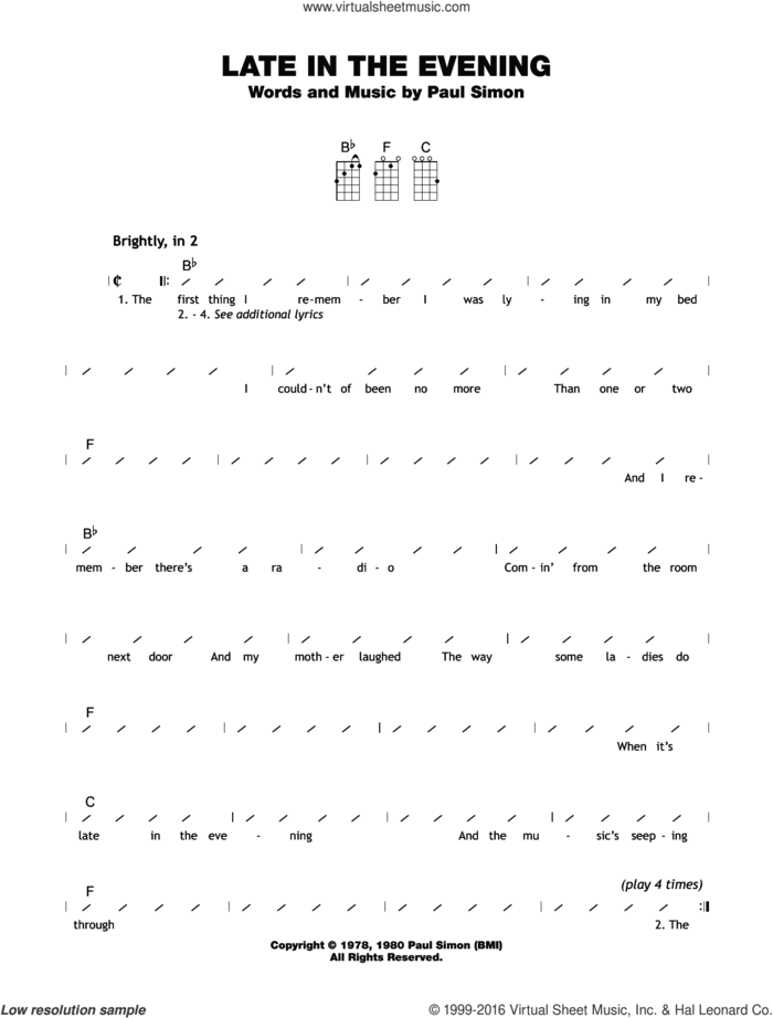 Late In The Evening sheet music for ukulele (chords) by Paul Simon, intermediate skill level