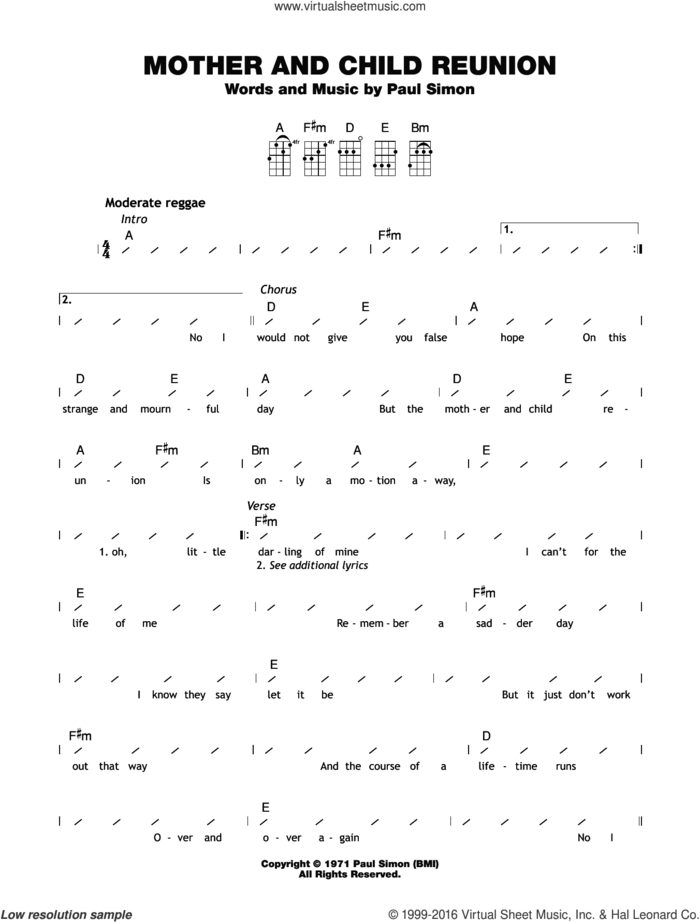 Mother And Child Reunion sheet music for ukulele (chords) by Paul Simon, intermediate skill level