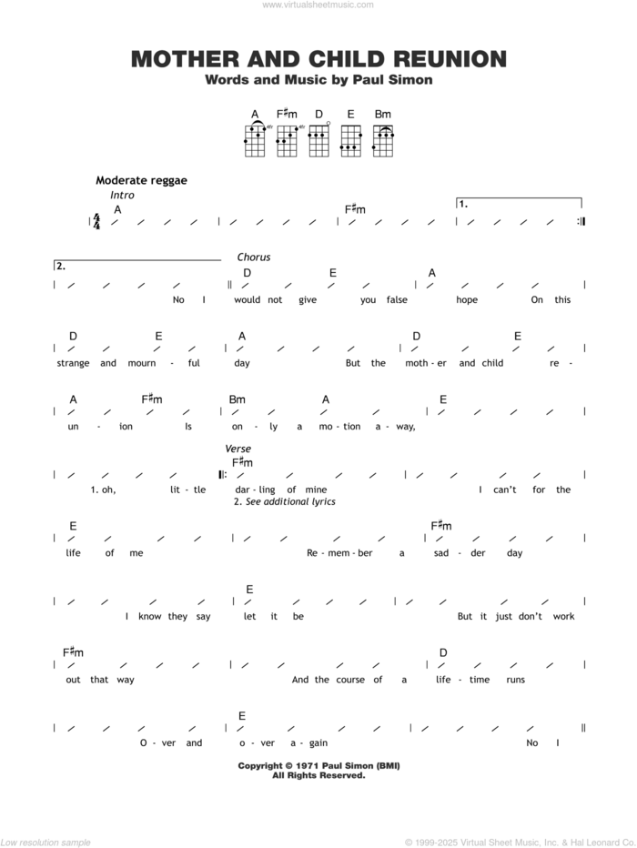 Mother And Child Reunion sheet music for ukulele (chords) by Paul Simon, intermediate skill level