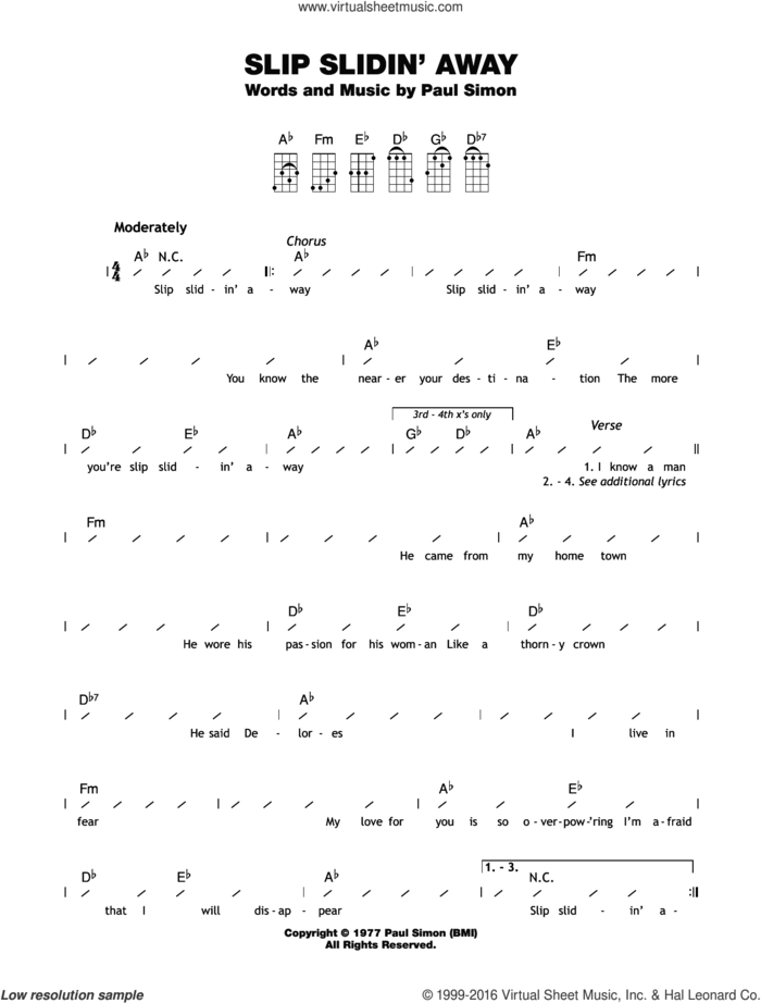 Slip Slidin' Away sheet music for ukulele (chords) by Paul Simon, intermediate skill level