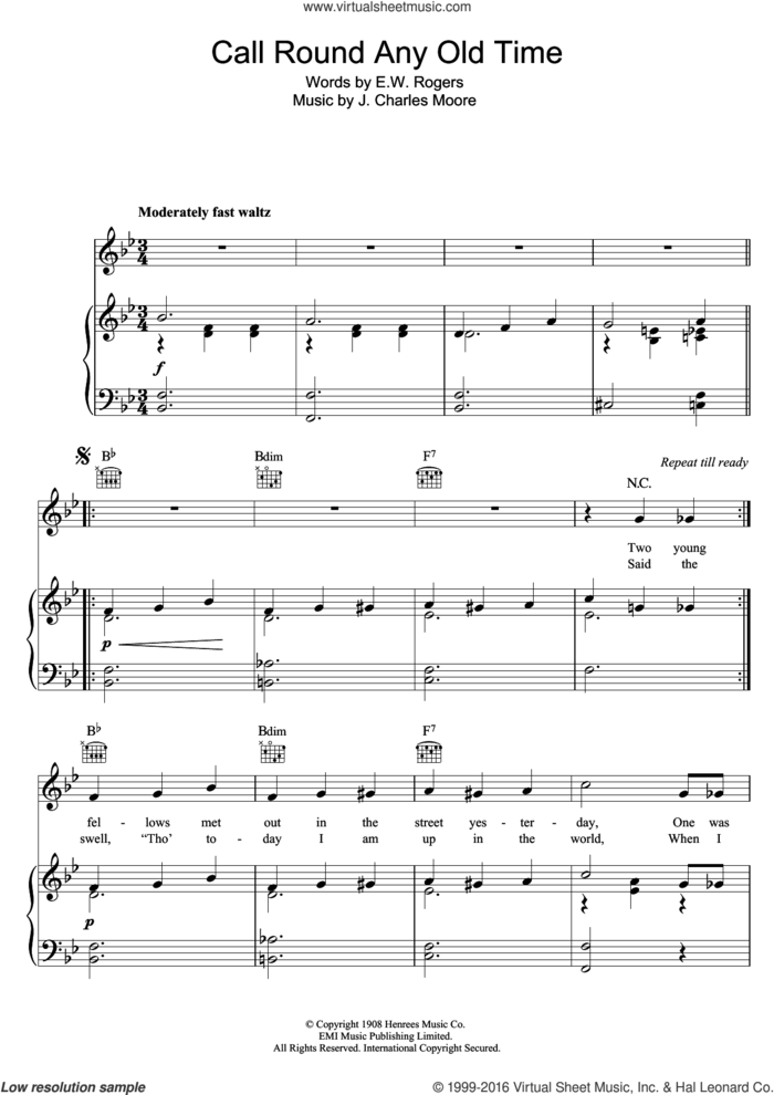 Call Round Any Old Time sheet music for voice, piano or guitar by Victoria Monks, E.W. Rogers and J. Charles Moore, intermediate skill level