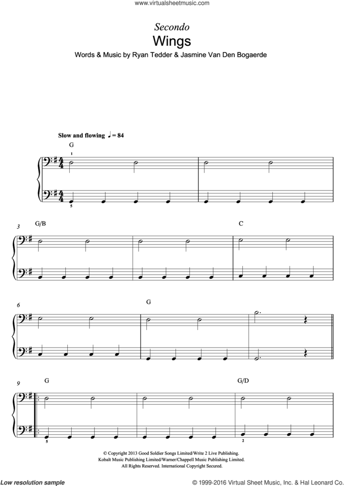 Wings, (intermediate) sheet music for piano solo by Birdy, Jasmine Van Den Bogaerde and Ryan Tedder, intermediate skill level