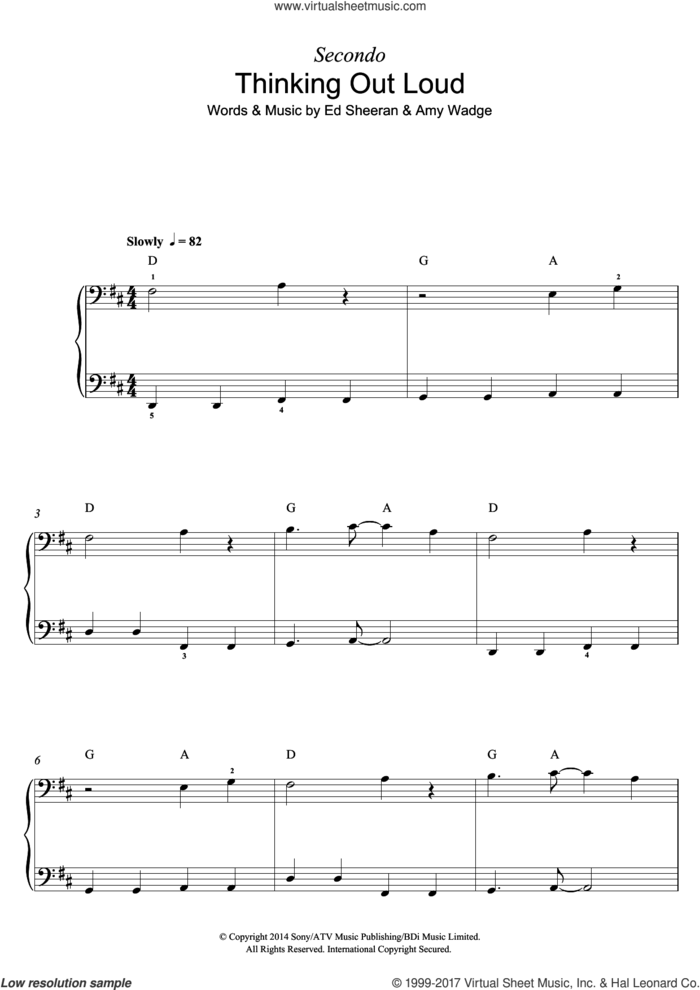 Thinking Out Loud sheet music for piano four hands by Ed Sheeran and Amy Wadge, wedding score, intermediate skill level