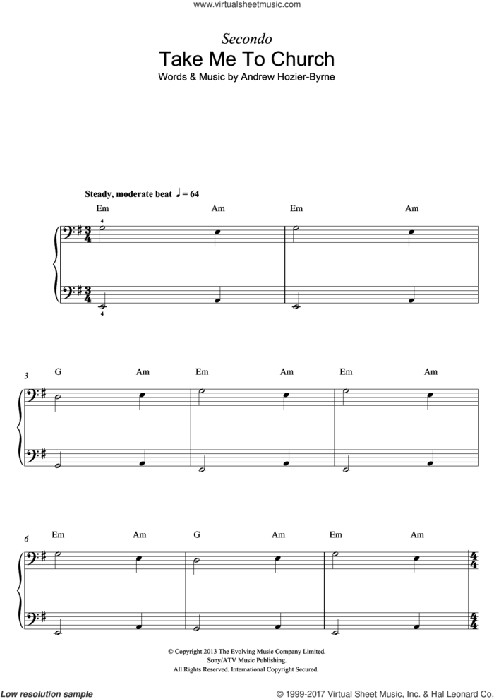 Take Me To Church, (intermediate) sheet music for piano solo by Hozier and Andrew Hozier-Byrne, intermediate skill level