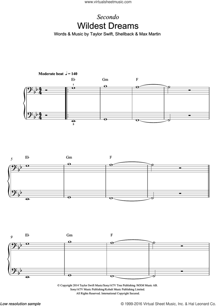 Wildest Dreams sheet music for piano four hands by Taylor Swift, Max Martin and Shellback, intermediate skill level