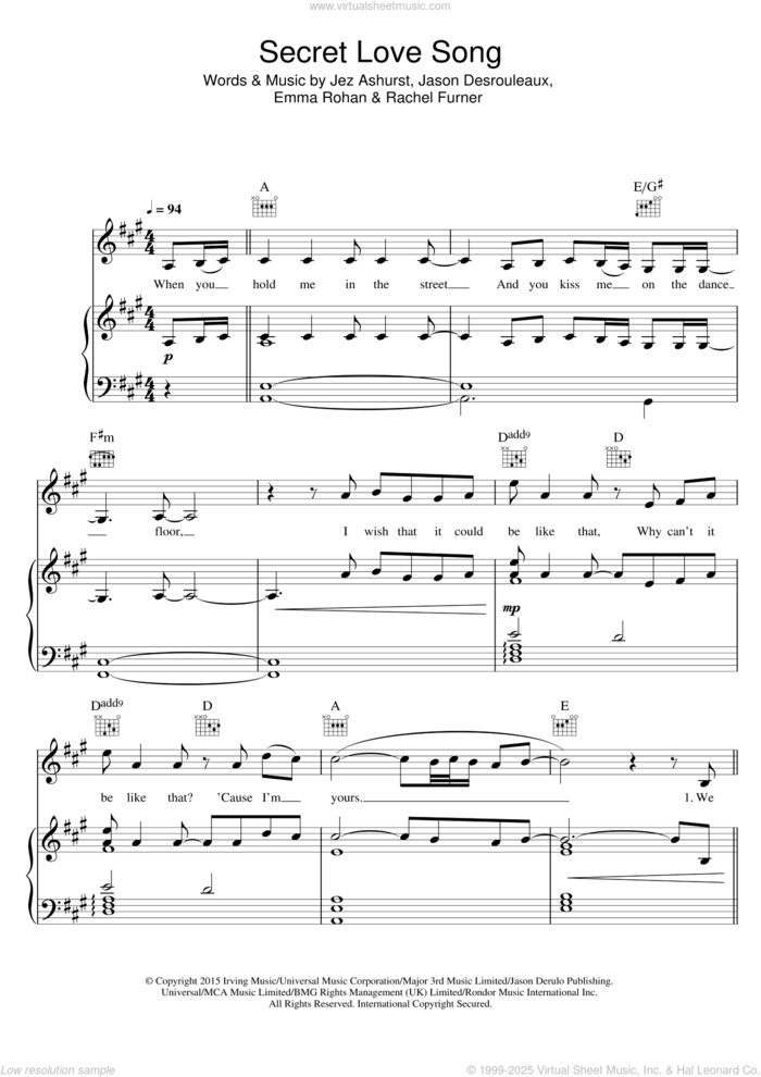 Secret Love Song (featuring Jason Derulo) sheet music for voice, piano or guitar by Little Mix, Jason Derulo, Little Mix feat. Jason Derulo, Emma Rohan, Jason Desrouleaux, Jez Ashurst and Rachel Furner, intermediate skill level