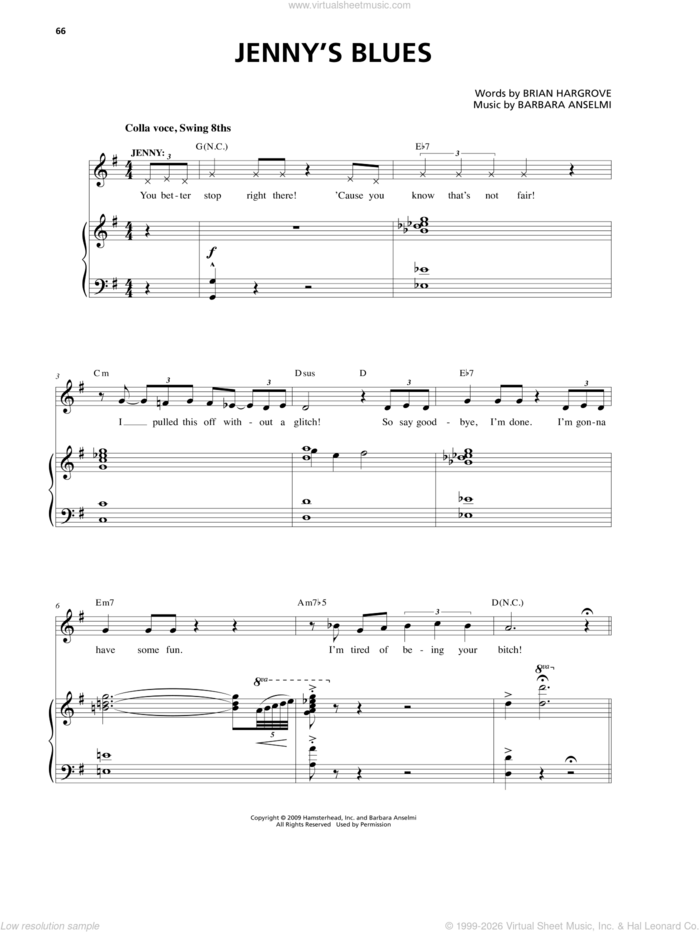 Jenny's Blues (from It Shoulda Been You) sheet music for voice and piano by Barbara Anselmi & Brian Hargrove, Barbara Anselmi and Brian Hargrove, intermediate skill level