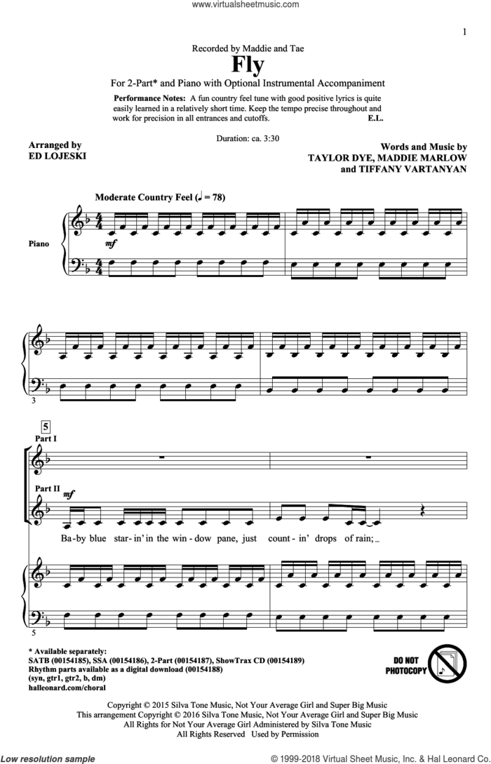 Fly sheet music for choir (2-Part) by Ed Lojeski, Maddie And Tae, Maddie Marlow, Taylor Dye and Tiffany Vartanyan, intermediate duet