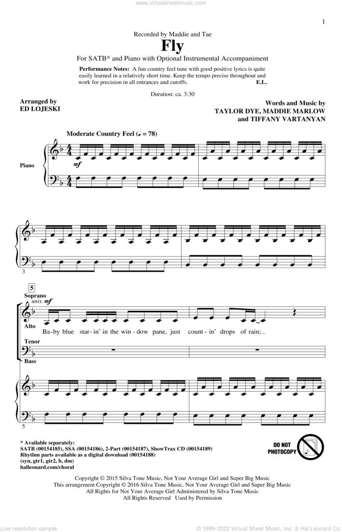 Fly sheet music for choir (SATB: soprano, alto, tenor, bass) by Ed Lojeski, Maddie And Tae, Maddie Marlow, Taylor Dye and Tiffany Vartanyan, intermediate skill level