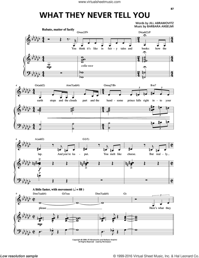 What They Never Tell You sheet music for voice and piano by Barbara Anselmi & Brian Hargrove, Barbara Anselmi, Barbara Anselmi & Jill Abramovitz, Brian Hargrove and Jill Abramovitz, intermediate skill level