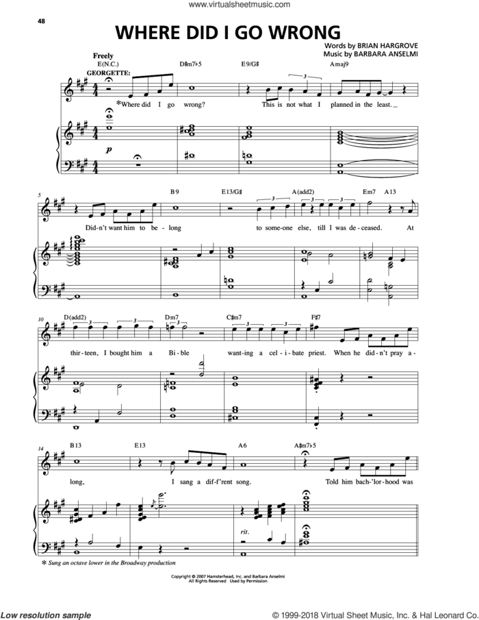 Where Did I Go Wrong sheet music for voice and piano by Barbara Anselmi & Brian Hargrove, Barbara Anselmi and Brian Hargrove, intermediate skill level