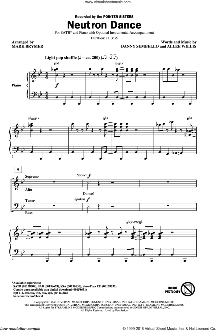 Neutron Dance (arr. Mark Brymer) sheet music for choir (SATB: soprano, alto, tenor, bass) by Allee Willis, Mark Brymer, The Pointer Sisters and Danny Sembello, intermediate skill level