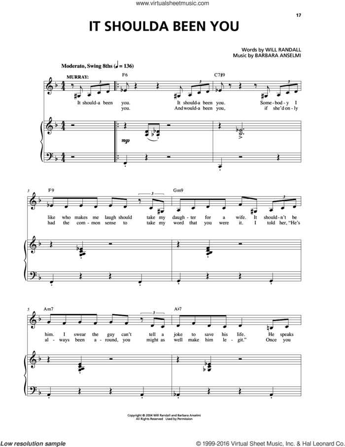 It Shoulda Been You sheet music for voice and piano by Barbara Anselmi & Brian Hargrove, Barbara Anselmi, Barbara Anselmi & Will Randall, Brian Hargrove and Will Randall, intermediate skill level