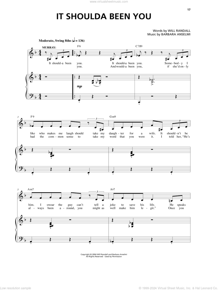 It Shoulda Been You sheet music for voice and piano by Barbara Anselmi & Brian Hargrove, Barbara Anselmi, Barbara Anselmi & Will Randall, Brian Hargrove and Will Randall, intermediate skill level