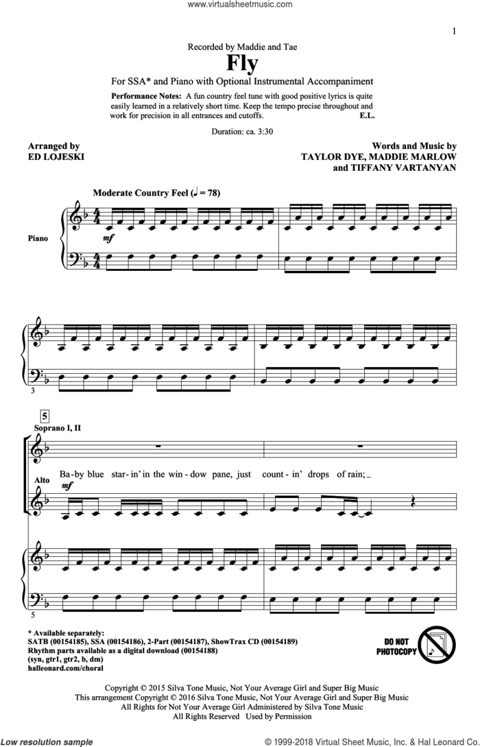 Fly (arr. Ed Lojeski) sheet music for choir (SSA: soprano, alto) by Ed Lojeski, Maddie And Tae, Maddie Marlow, Taylor Dye and Tiffany Vartanyan, intermediate skill level