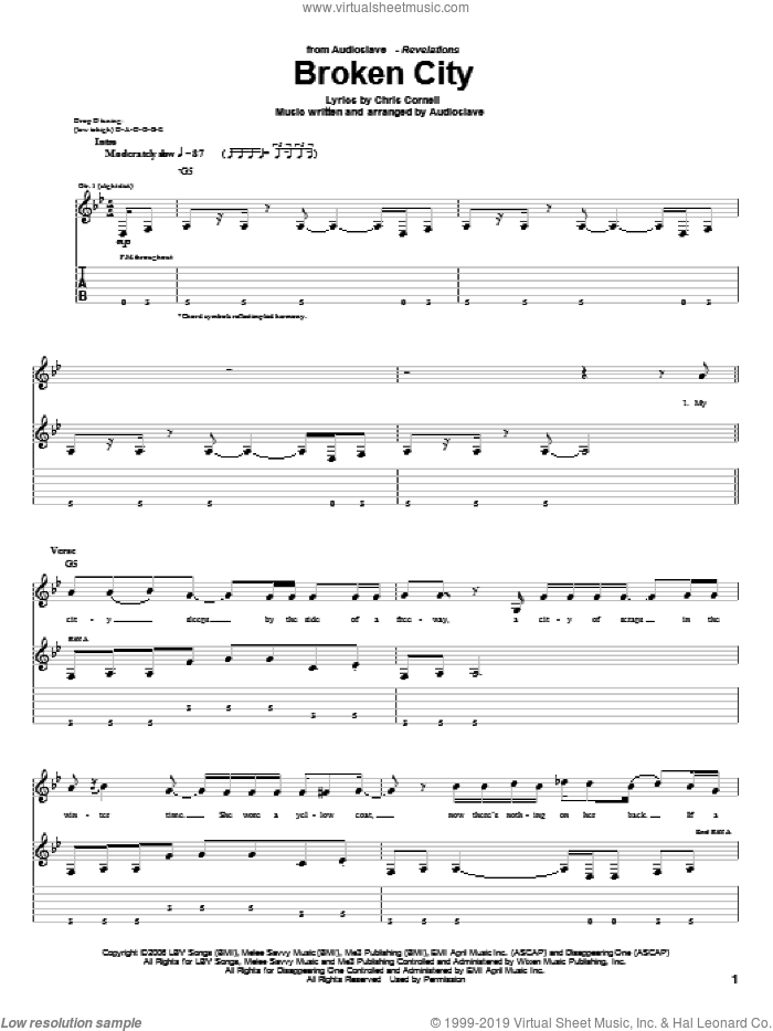 Broken City sheet music for guitar (tablature) by Audioslave and Chris Cornell, intermediate skill level