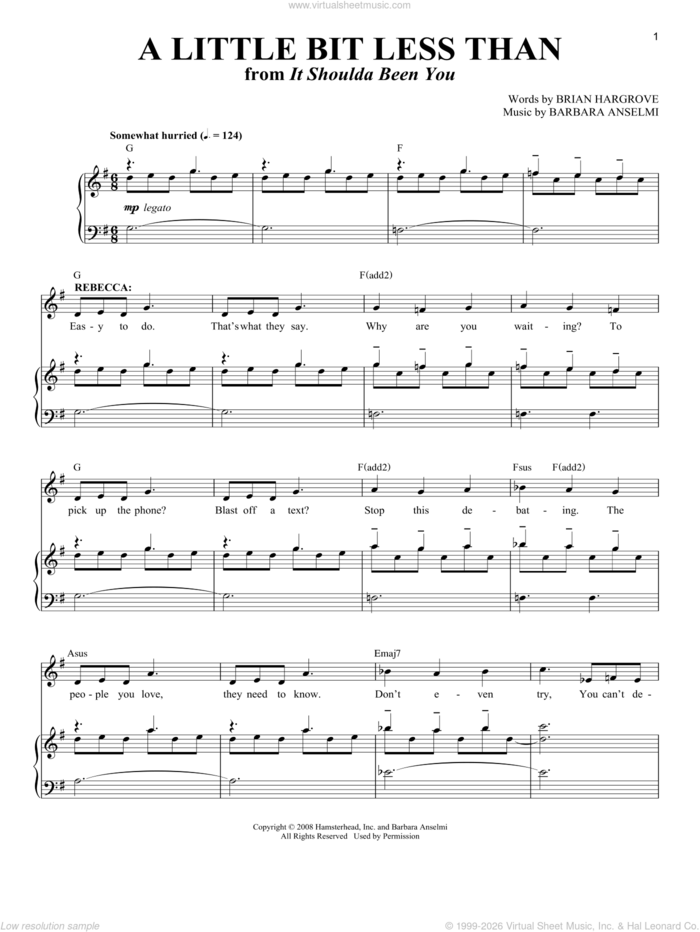 A Little Bit Less Than sheet music for voice and piano by Barbara Anselmi & Brian Hargrove, Barbara Anselmi and Brian Hargrove, intermediate skill level