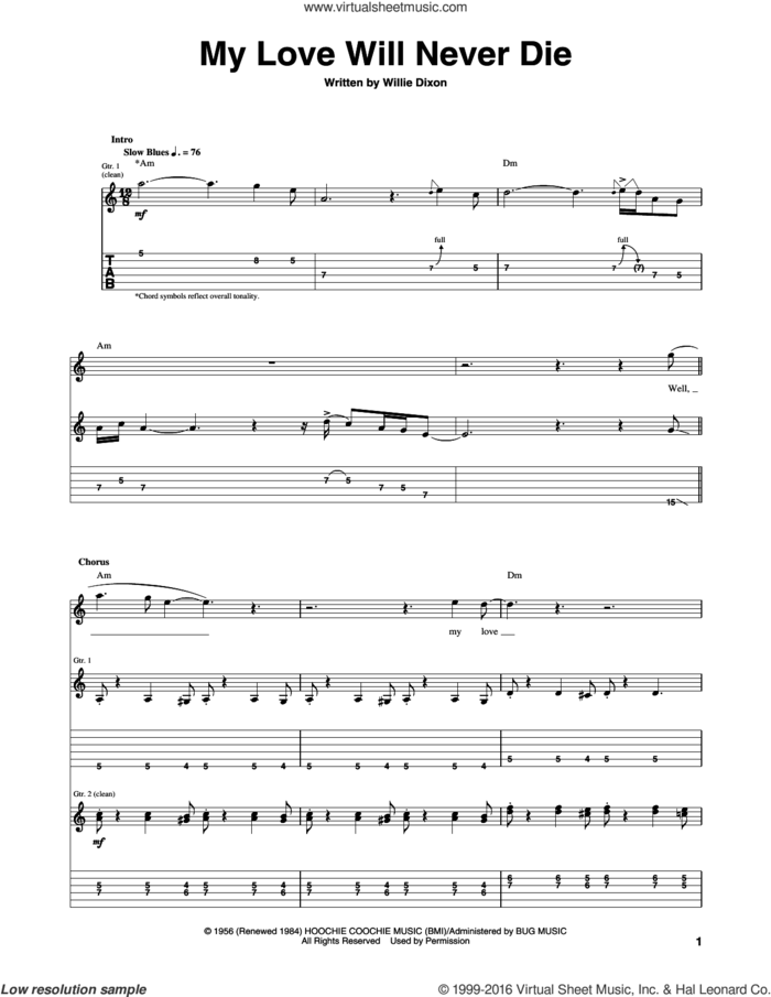 My Love Will Never Die sheet music for guitar (tablature) by Otis Rush and Willie Dixon, intermediate skill level