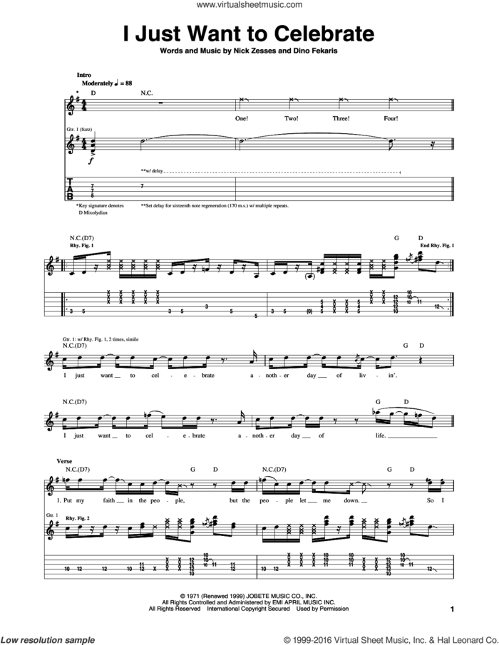 I Just Want To Celebrate sheet music for guitar (tablature) by Rare Earth, Dino Fekaris and Nick Zesses, intermediate skill level