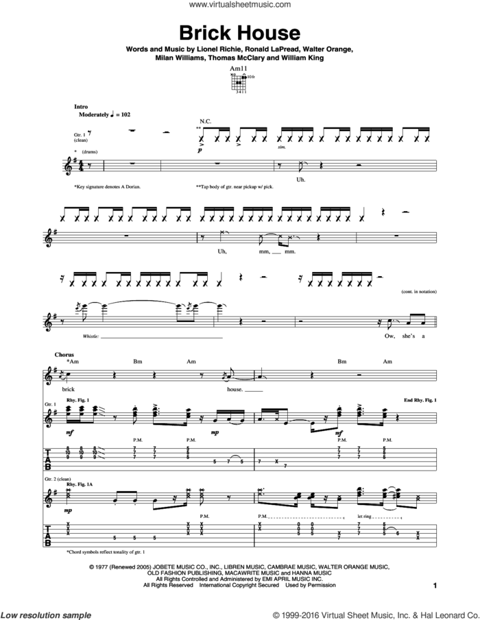 Brick House sheet music for guitar (tablature) by Lionel Richie, The Commodores, Milan Williams, Ronald LaPread, Thomas McClary, Walter Orange and William King, intermediate skill level