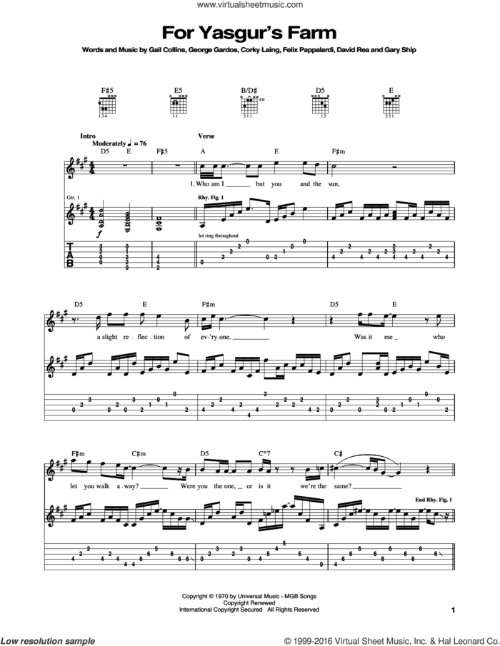 For Yasgur's Farm sheet music for guitar (tablature) by Mountain, Corky Laing, David Rea, Felix Pappalardi, Gail Collins, Gary Ship and George Gardos, intermediate skill level