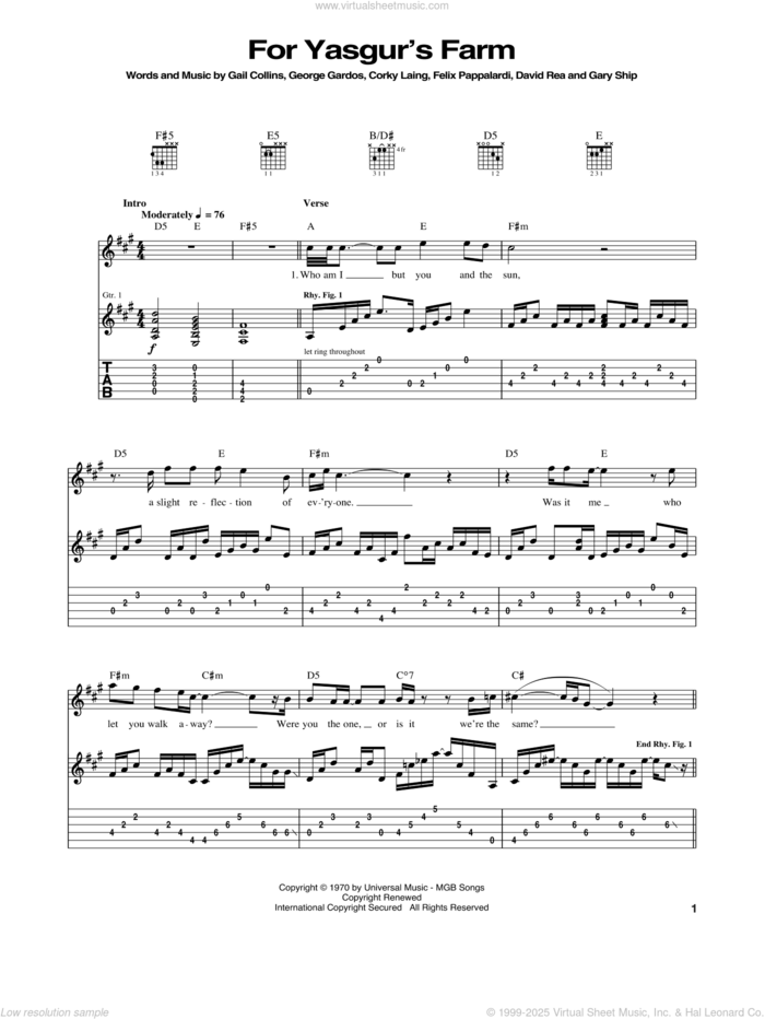 For Yasgur's Farm sheet music for guitar (tablature) by Mountain, Corky Laing, David Rea, Felix Pappalardi, Gail Collins, Gary Ship and George Gardos, intermediate skill level