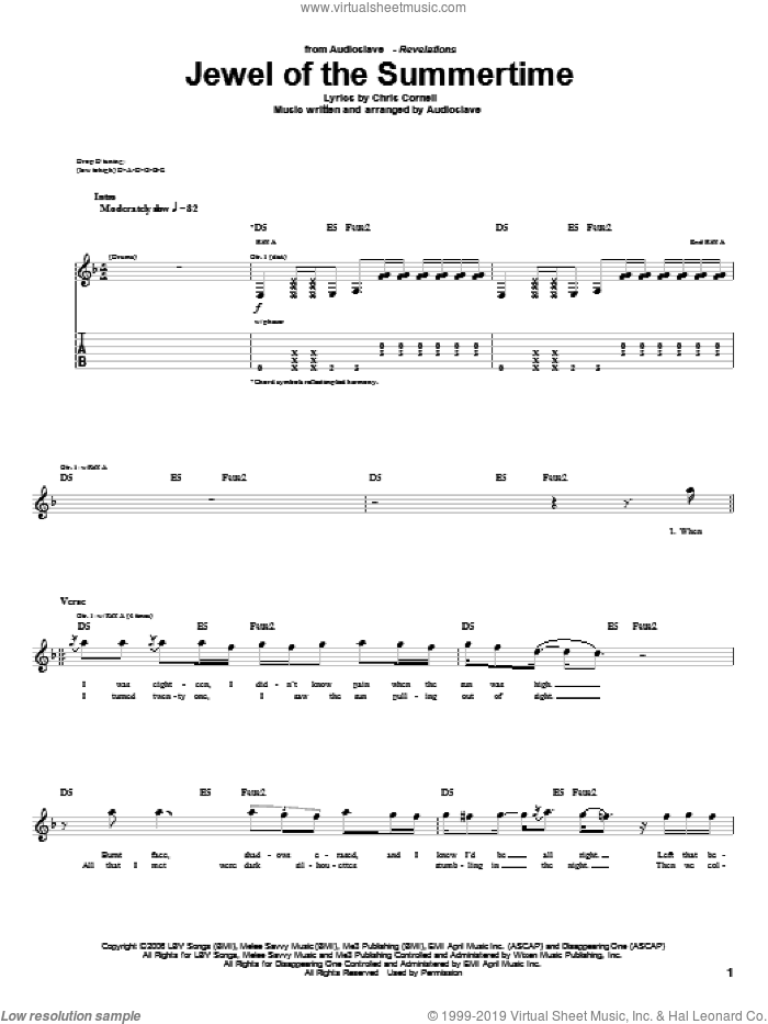 Jewel Of The Summertime sheet music for guitar (tablature) by Audioslave and Chris Cornell, intermediate skill level
