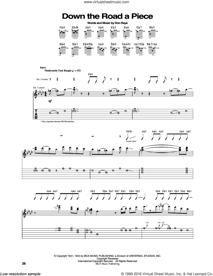 Down The Road A Piece sheet music for guitar (tablature) by Don Raye, intermediate skill level