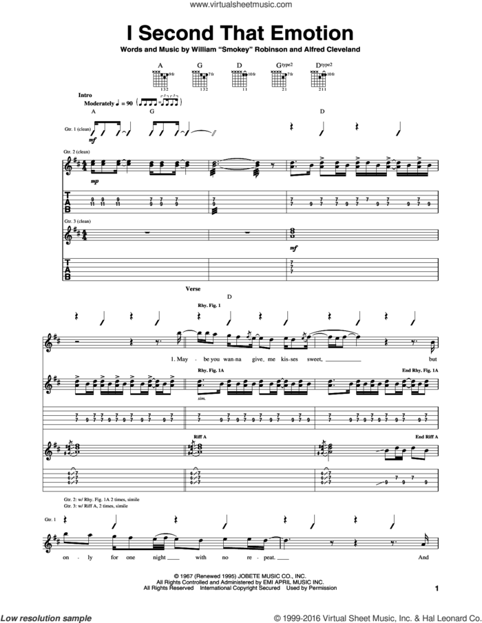 I Second That Emotion sheet music for guitar (tablature) by Smokey Robinson & The Miracles and Alfred Cleveland, intermediate skill level