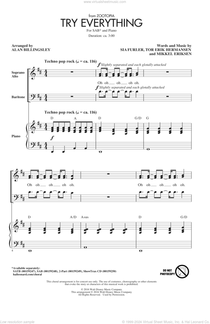 Try Everything (from Zootopia) (arr. Alan Billingsley) sheet music for choir (SAB: soprano, alto, bass) by Alan Billingsley, Shakira, Mikkel Eriksen, Sia Furler and Tor Erik Hermansen, intermediate skill level