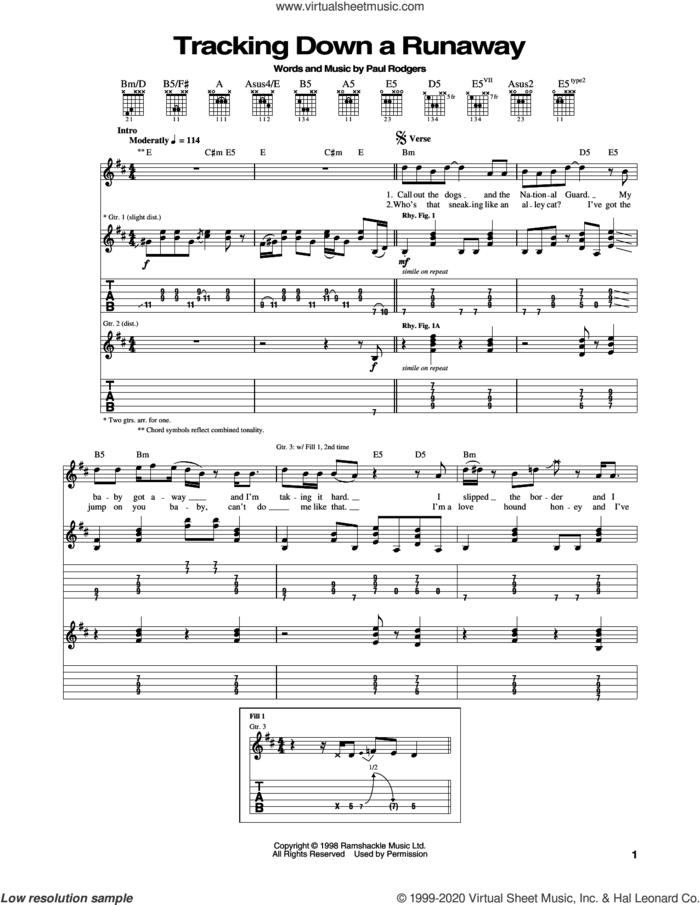 Tracking Down A Runaway sheet music for guitar (tablature) by Bad Company and Paul Rodgers, intermediate skill level