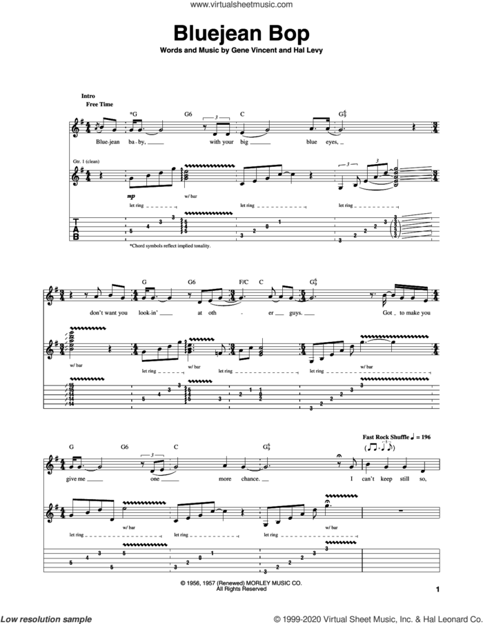Bluejean Bop sheet music for guitar (tablature) by Gene Vincent and Hal Levy, intermediate skill level