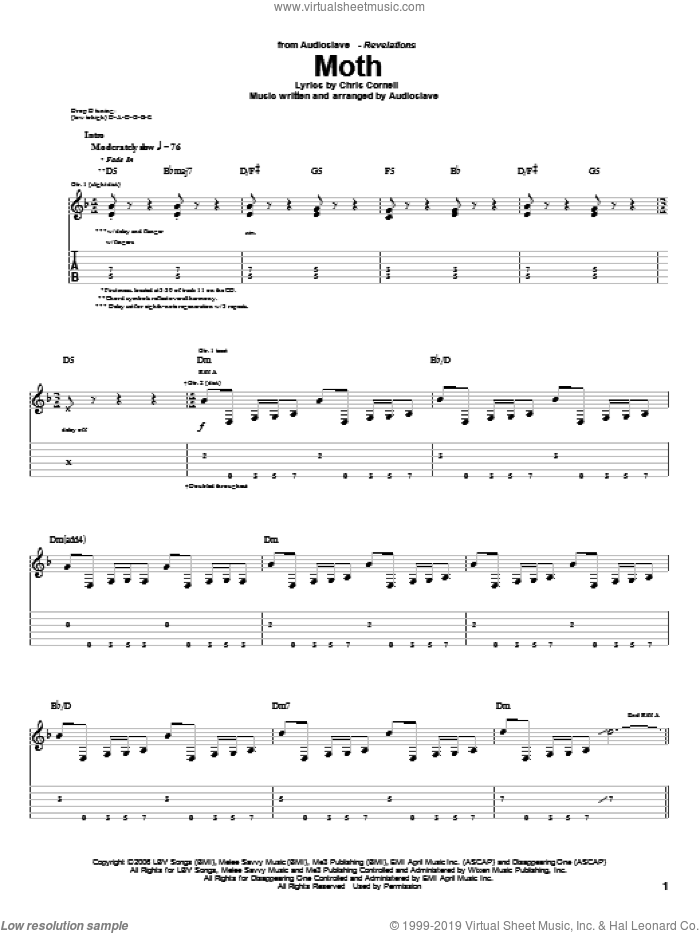 Moth sheet music for guitar (tablature) by Audioslave and Chris Cornell, intermediate skill level