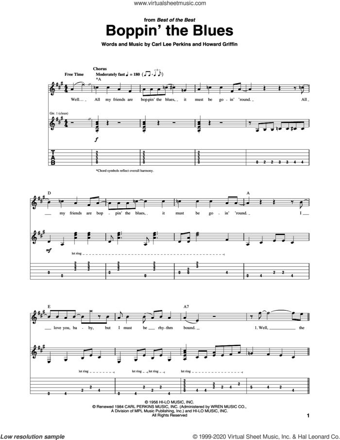 Boppin' The Blues sheet music for guitar (tablature) by Carl Perkins and Howard Griffin, intermediate skill level