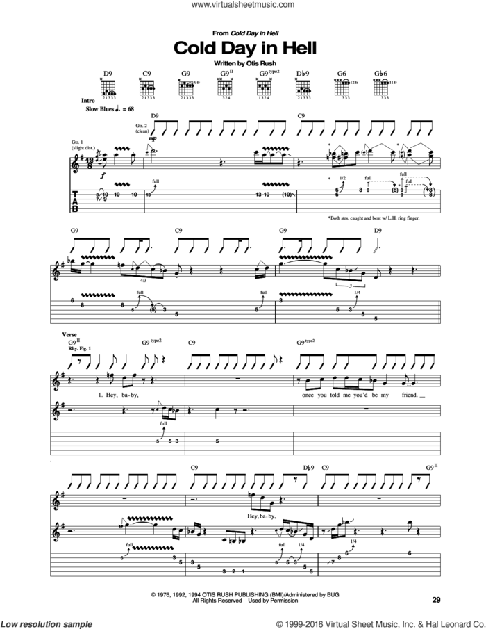Cold Day In Hell sheet music for guitar (tablature) by Otis Rush, intermediate skill level