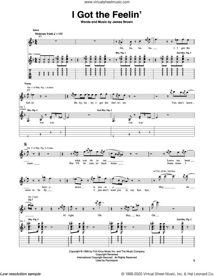 I Got The Feelin' sheet music for guitar (tablature) by James Brown, intermediate skill level