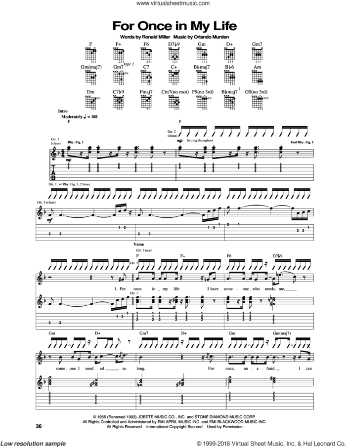 For Once In My Life sheet music for guitar (tablature) by Stevie Wonder, Orlando Murden and Ron Miller, intermediate skill level