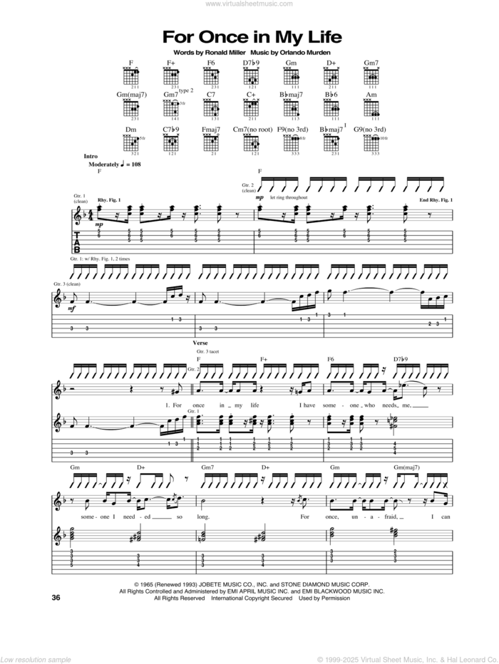 For Once In My Life sheet music for guitar (tablature) by Stevie Wonder, Orlando Murden and Ron Miller, intermediate skill level