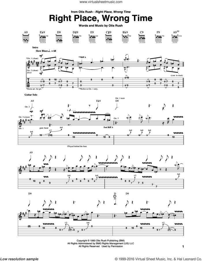 Right Place, Wrong Time sheet music for guitar (tablature) by Otis Rush, intermediate skill level